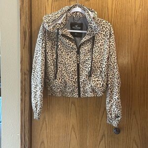 Hollister Beige and Black Leopard Print Hooded Bomber Jacket